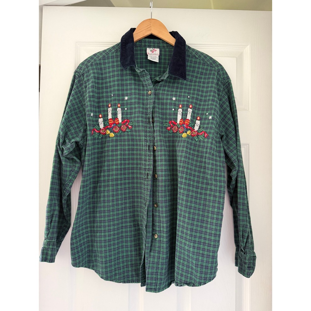 Vintage 90s Plaid Christmas Embroidered Button Down Cottage Retro Holiday